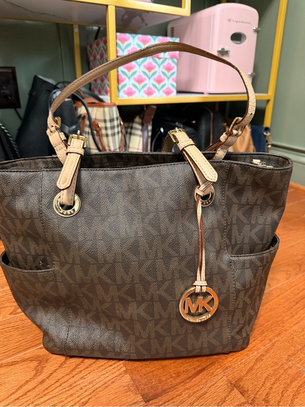 Michael Kors Brown Logo Tote with Tan Trim